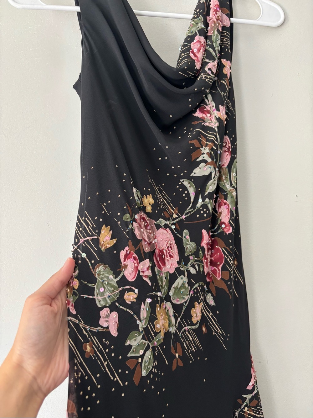 Y2K Black Asymmetrical Fairycore Beaded Pink Floral Draped Collar Dress - Small - Picture 13 of 15